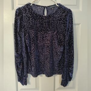 Eclair Blue Velvet Leopard Print Blouse Long Sleeve